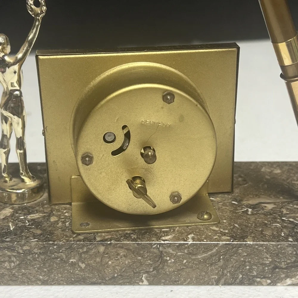 Vintage Endura Desk Clock With Granite Base, Pen, And Victory Statue. Untested.